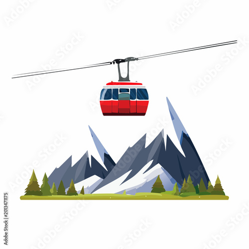 A red cable car travels over a mountain range with trees.