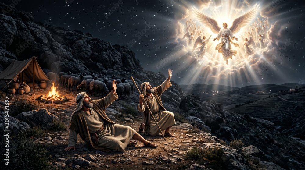 Fototapeta premium Shepherds watching angels appear in night sky. Biblical nativity scene depicting the announcement of the birth of Jesus Christ. Religious illustration of spiritual wonder and miracle.