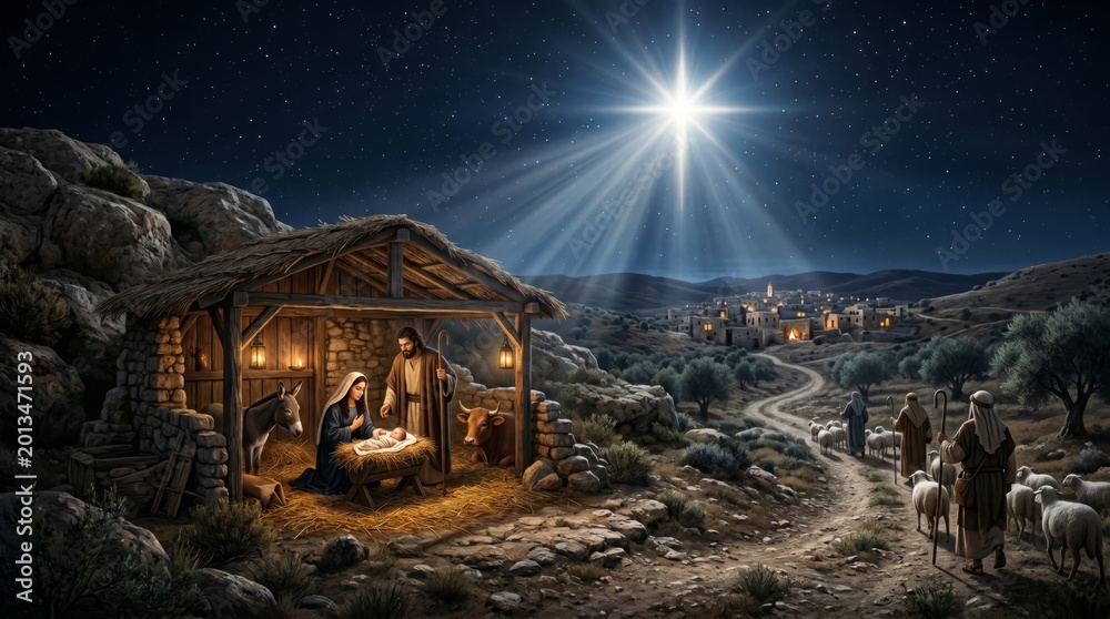 Fototapeta premium Nativity scene of baby Jesus in stable with woman Mary and man Joseph. Shepherds approaching Bethlehem under bright star. Catholic religion and Christmas holiday celebration concept.