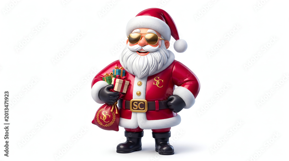 Fototapeta premium Santa Sunglasses Vector Modern Cool Character with Gift Bag