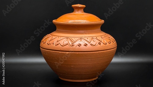 Traditional handmade clay pot with lid on black background