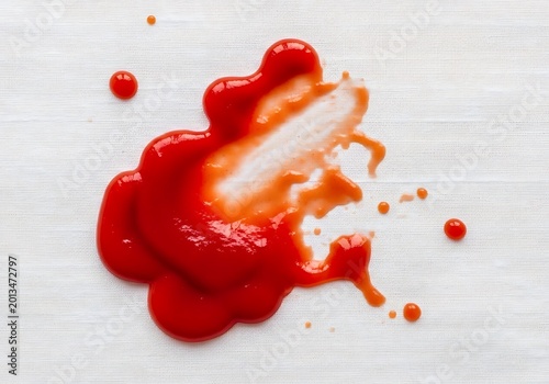 Red sauce splash on surface with smear and droplets around