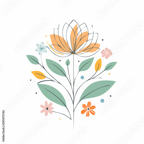 Asymmetrical floral line art, modern artistic composition, thin irregular lines, minimal botanical style