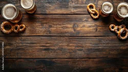 Rustic wood table with beer glasses and salted pretzels, overhead view, oktoberfest celebration