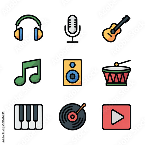 Collection of musical instrument icons and audio equipment on a white background