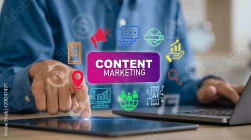 Content marketing strategy with digital icons on tablet and laptop