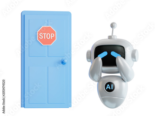 Foto 3D illustration of ai robot is standing near the closed door and scratching his head