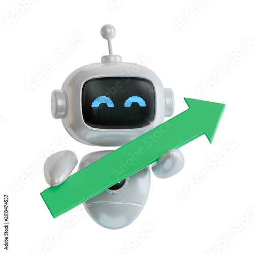 3D illustration of ai robot holding arrow pointing right up indicating success. Transparent Background Mockup.Supports PNG files with transparent backgrounds.