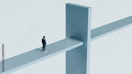 Foto Man standing on bridge path blocked by large wall representing business obstacle