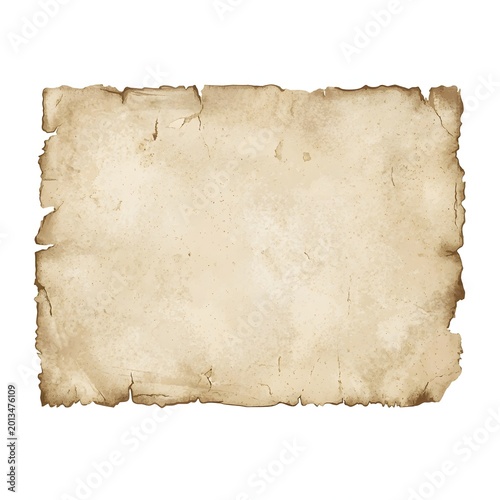 Aged parchment paper with frayed edges and natural texture isolated on white background