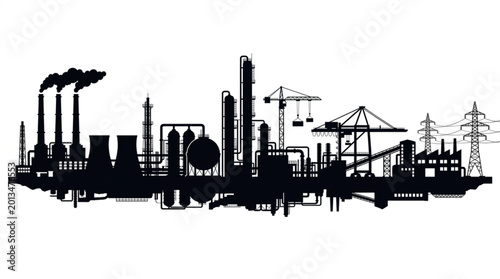 Schilderij op canvas Industrial Factory Silhouette with Smokestacks and Cranes.
