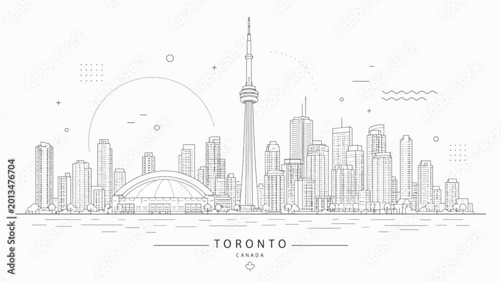 Fototapeta premium Toronto City Skyline Panorama Line Art Design, Canada Landmark Architectural Sketch with CN Tower and Modern Skyscrapers