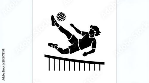 Black Soccer Player Silhouette Performing Bicycle Kick Above Fence on White Background