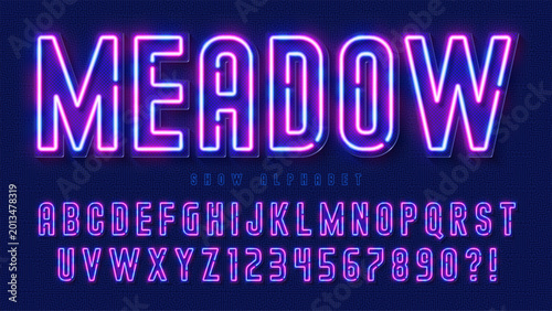 Schilderij op canvas Retro multicolored light alphabet design, cabaret, neon gas lamps letters and numbers