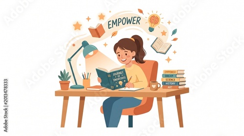 Inspirational illustration Young woman reading, surrounded by books and glowing ideas, embodying empowerment through knowledge and intellectual development