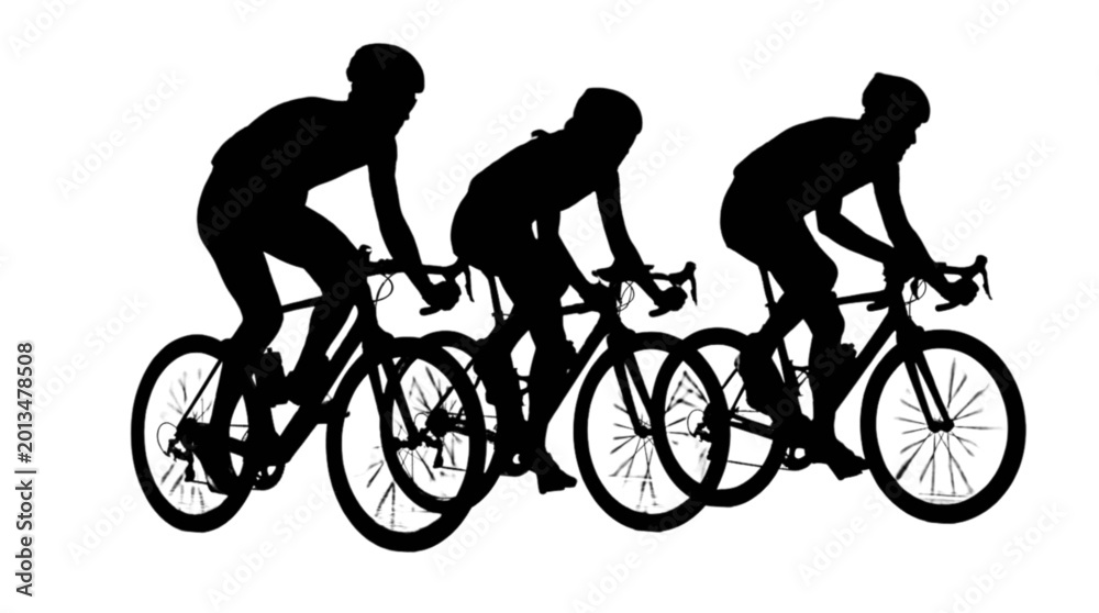 Fototapeta premium Black silhouettes of cyclists riding in a row isolated on transparent background, Vector