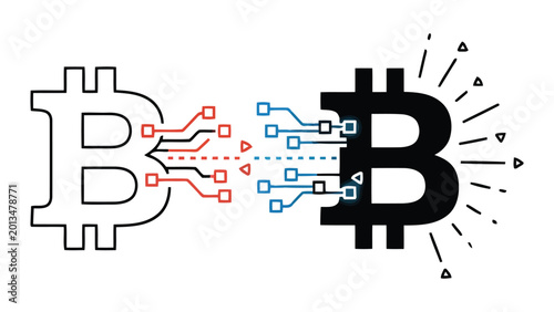 Foto Bitcoin digital currency transaction icon set featuring block chain circuit line