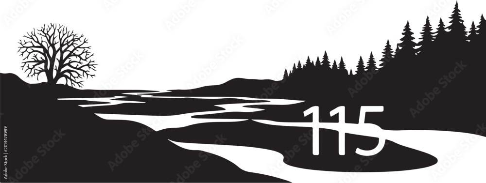 Obraz premium Black silhouette landscape, winding river, tree, forest, 115 icons set, vector graphics