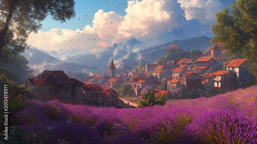 Picturesque village amidst lavender fields under a cloudy sky with birds