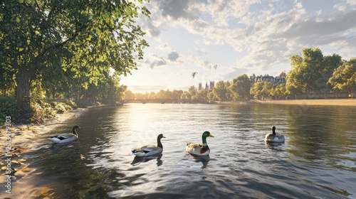 Serene sunrise river scene with ducks and distant cityscape