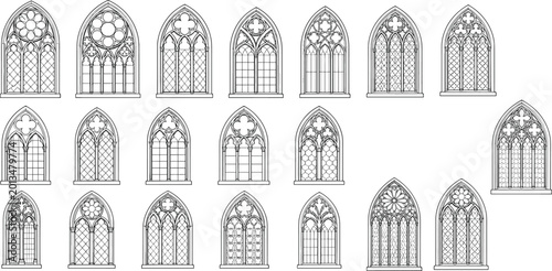 Foto Vintage Gothic Cathedral Window Collection with Ornamental Stained Glass Arch Fr