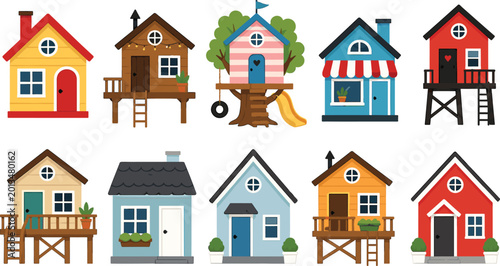 Quadro su tela Cute Cartoon House Collection with Colorful Cottage Homes, Treehouse and Wooden