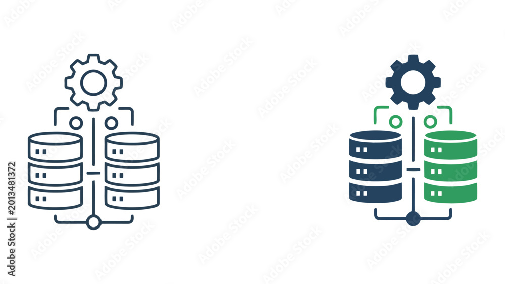 Foto Database server rack icon with mechanical gear and network connection lines for