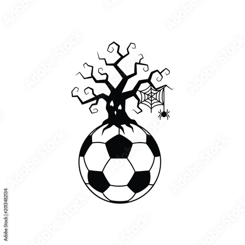 Halloween soccer ball with spooky tree and spider web.