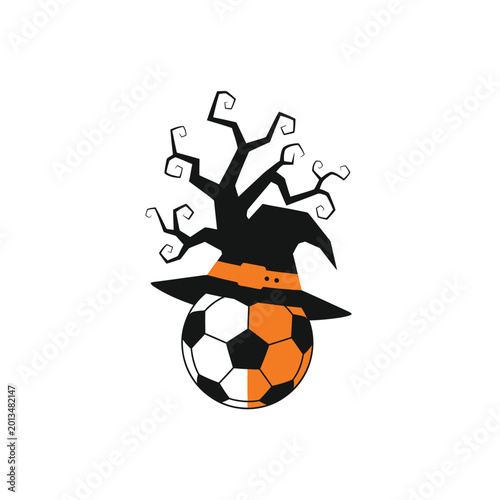Soccer ball wearing witch hat and spooky tree.