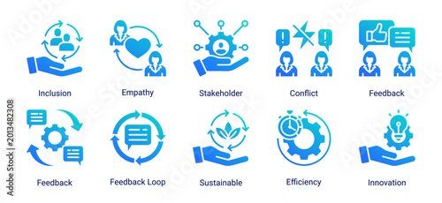 Photos Project workflow icon set featuring management,resource allocation,workflow,and