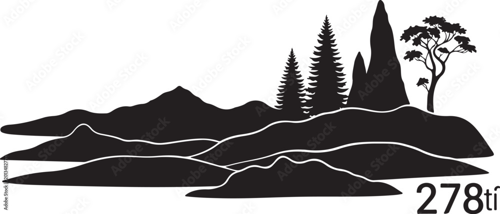 Black silhouette landscape icons, mountain range, trees, hills, 278 elements
