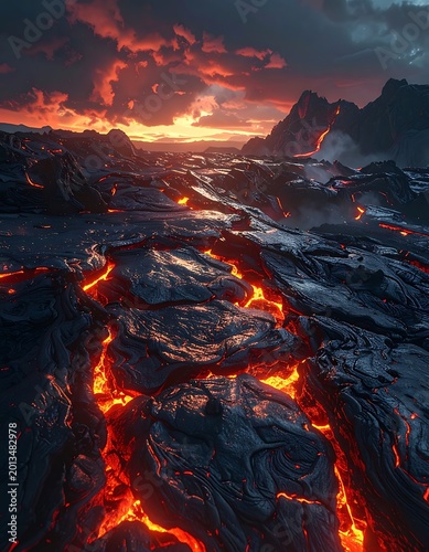 Volcanic lava landscape with fiery sunset.