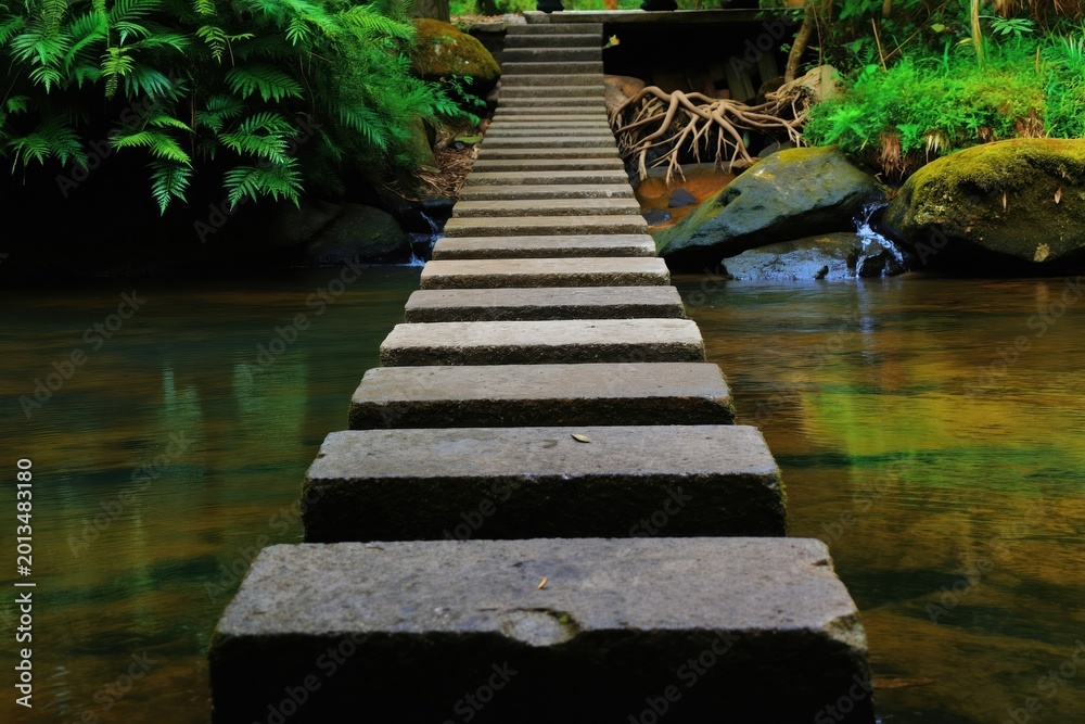 Obraz premium Stone stpic cross a clear river surrounded by green ferns and mossy rocks. A pathway leads through rich forest vegetation. Nature scene with tranquil water reflection. Journey forward.