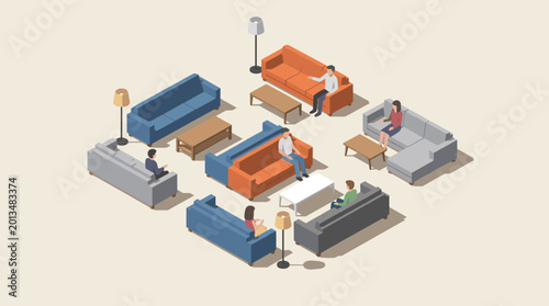 Isometric Group Setting Illustration: People Relaxing on Sofas and Couches with Tables and Lamps