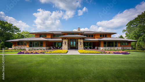 Tableau sur toile Expansive modern luxury home with wood siding and extensive landscaping real est