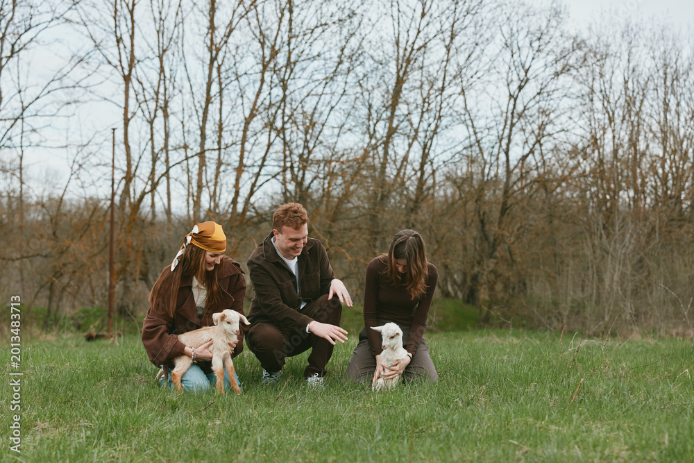 Fototapeta premium Three people in casual autumn clothing interact with two goats in a grassy park, capturing a warm lifestyle moment outdoors, highlighting family, friends, nature, and animals in a tranquil field