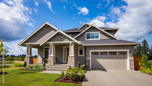 Photos Suburban home with manicured lawn and blue sky real estate curb appeal suburban