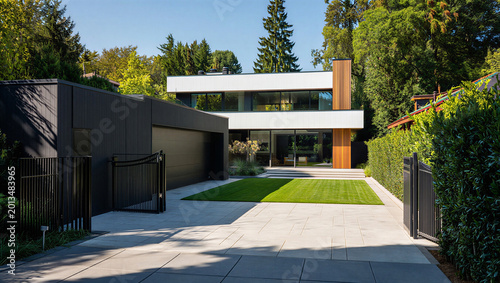 Schilderij op canvas Sleek modern home with landscaped entrance and driveway real estate curb appeal