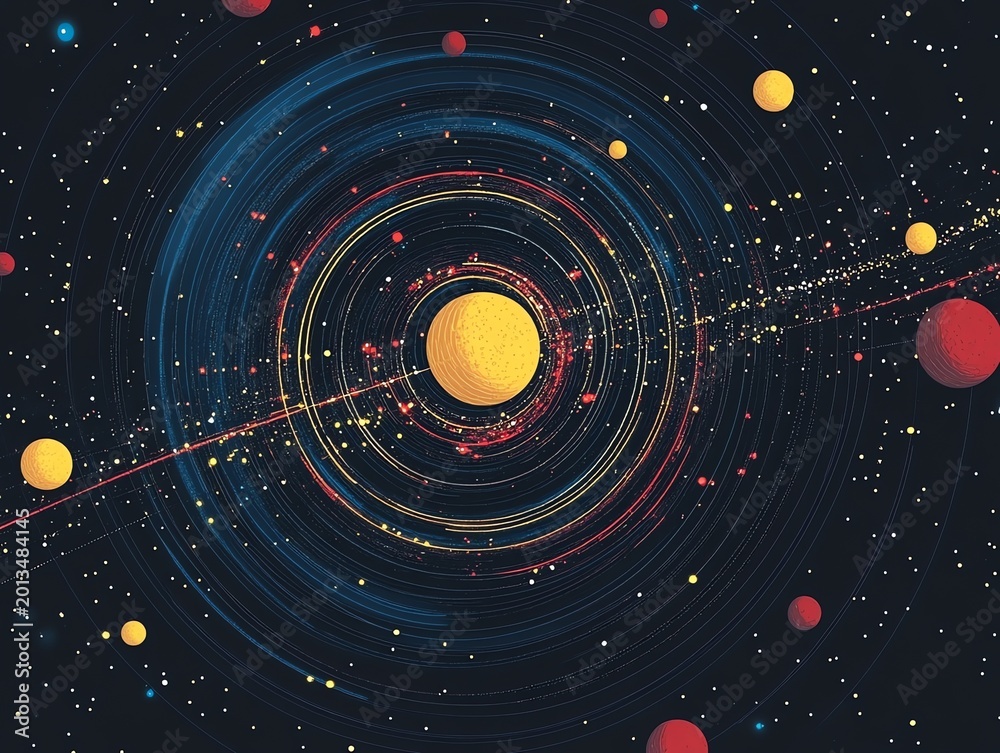Obraz premium Abstract Space Scene with Yellow Central Planet Surrounded by Orbiting Red and Yellow Spheres in Cosmic Pattern
