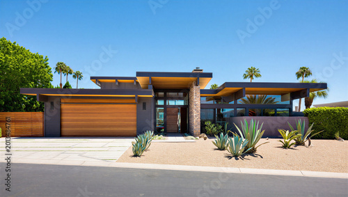 Photos Mid century modern home with wood garage door and desert landscaping real estate