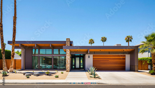 Cuadro en lienzo Modern mid century luxury house with stone accents and desert landscaping in pal