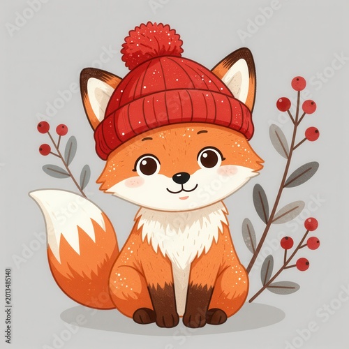 Cute Fox Character Wearing Beanie with Winter Berries