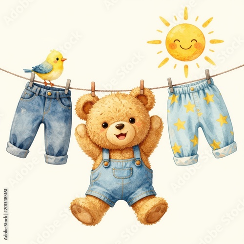 Cute Teddy Bear in Overalls Hanging with Yellow Bird Illustration