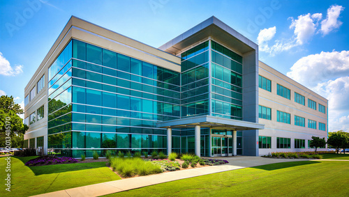 Photos Contemporary glass front office building with entrance and manicured green lands