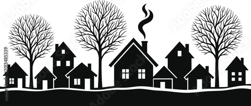 Quadro su tela Black and White Silhouette of a Small Village Neighborhood with Houses and Trees