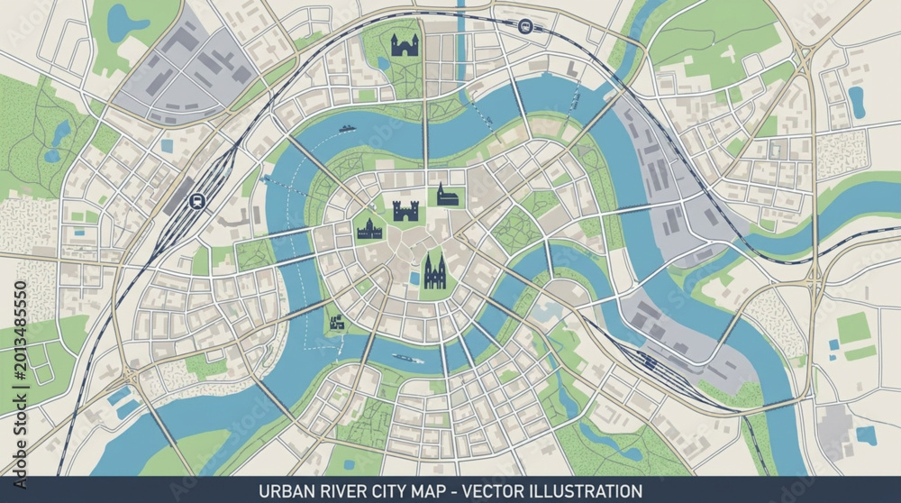 Obraz premium Detailed Urban City Map Vector Illustration of a River and Streets.