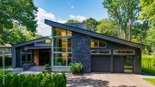 Tablou pe pânză Modern residence with slanted roofline and large amidst green trees real estate
