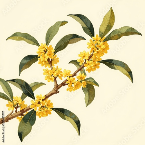 Stylized Branch with Yellow Blossoms on White Background