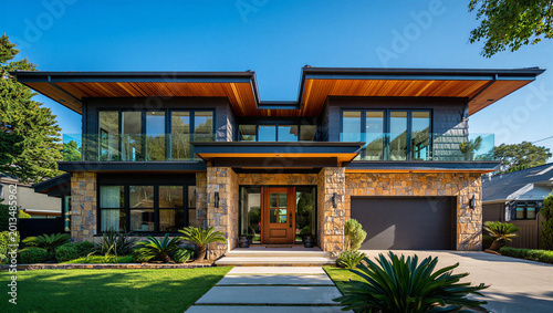 Fotografía Modern luxury two story residential house with stone facade and wooden overhangs