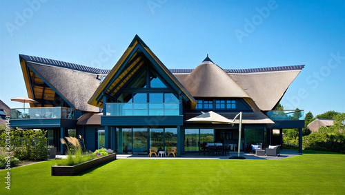 Bild auf Leinwand Modern designer residence with thatched roof and large patio real estate residen